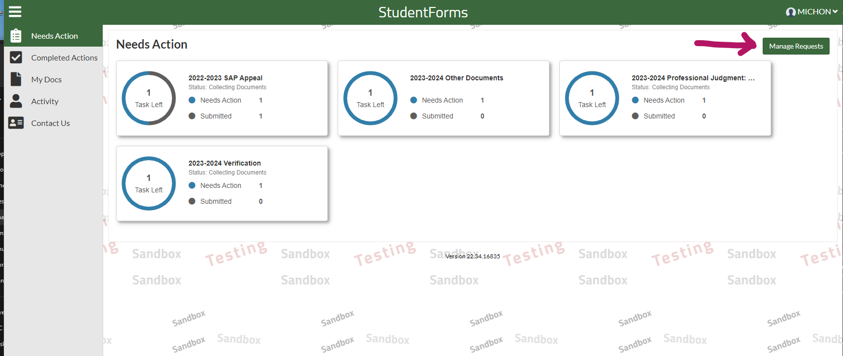 Image of student forms landing page with red arrow pointing to manage requests box