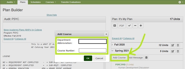 The Add Course window has two fields: Department Abbreviation and Course Number.