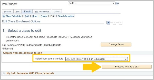 Classes your are allowed to edit will be in the drop-down menu