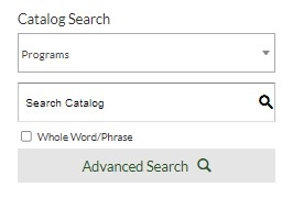 catalog search window. First field is search options. Second field is keyword search. Check box below to search by whole word or phrase.