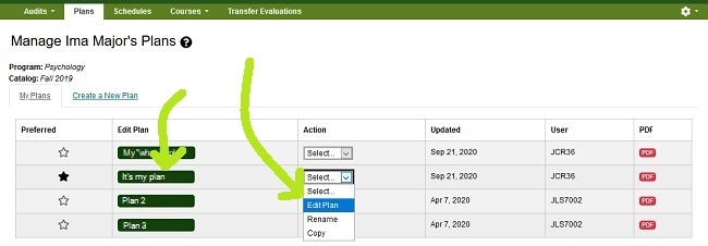  Action dropdown options include edit plan, rename and copy