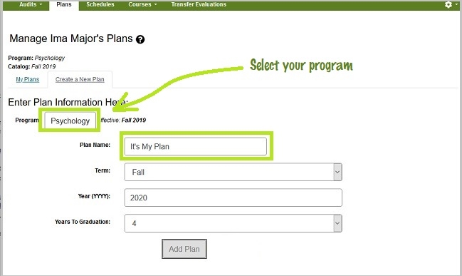 Enter plan information window includes a program dropdown and fields for plan name, term, year and years to graduate.